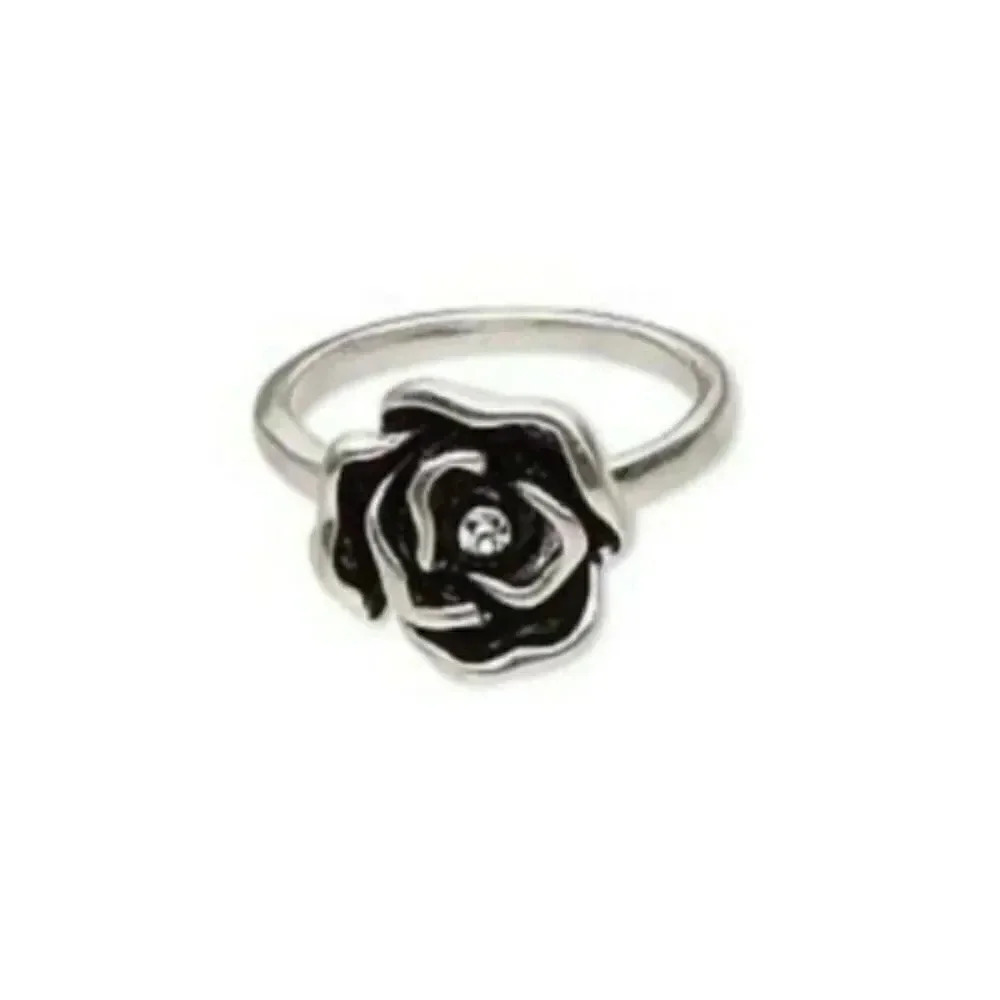 Artsy Silver Black Dimensional Rose Flower Austrian Crystal Ring Size 8